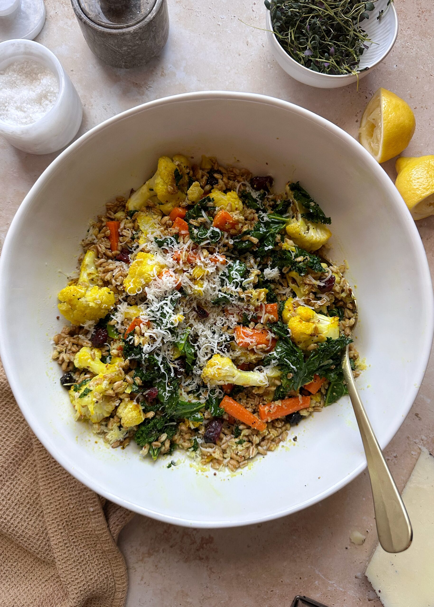 roasted winter vegetable grain salad in serving bowl