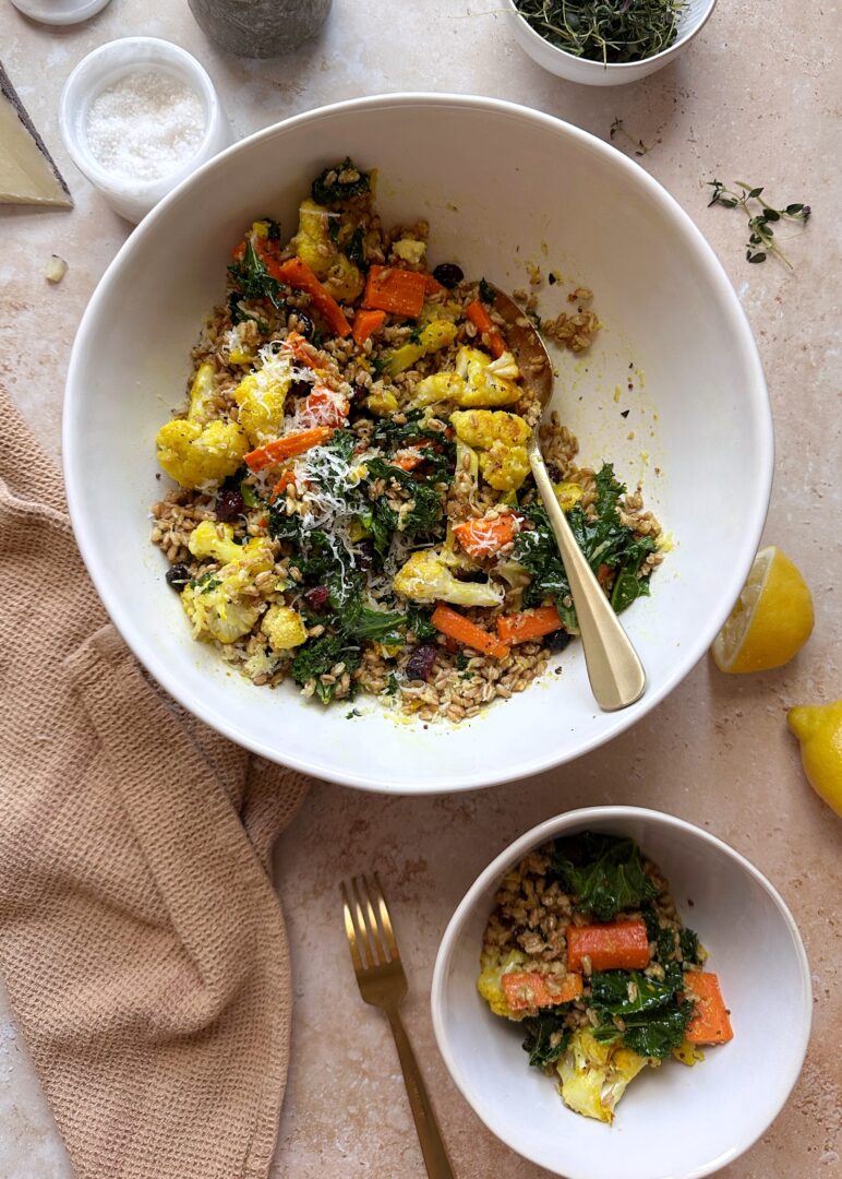 roasted winter vegetable salad with farro with a serving set aside