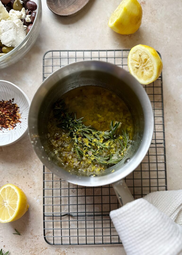 marinade for olive and feta in silver saucepan