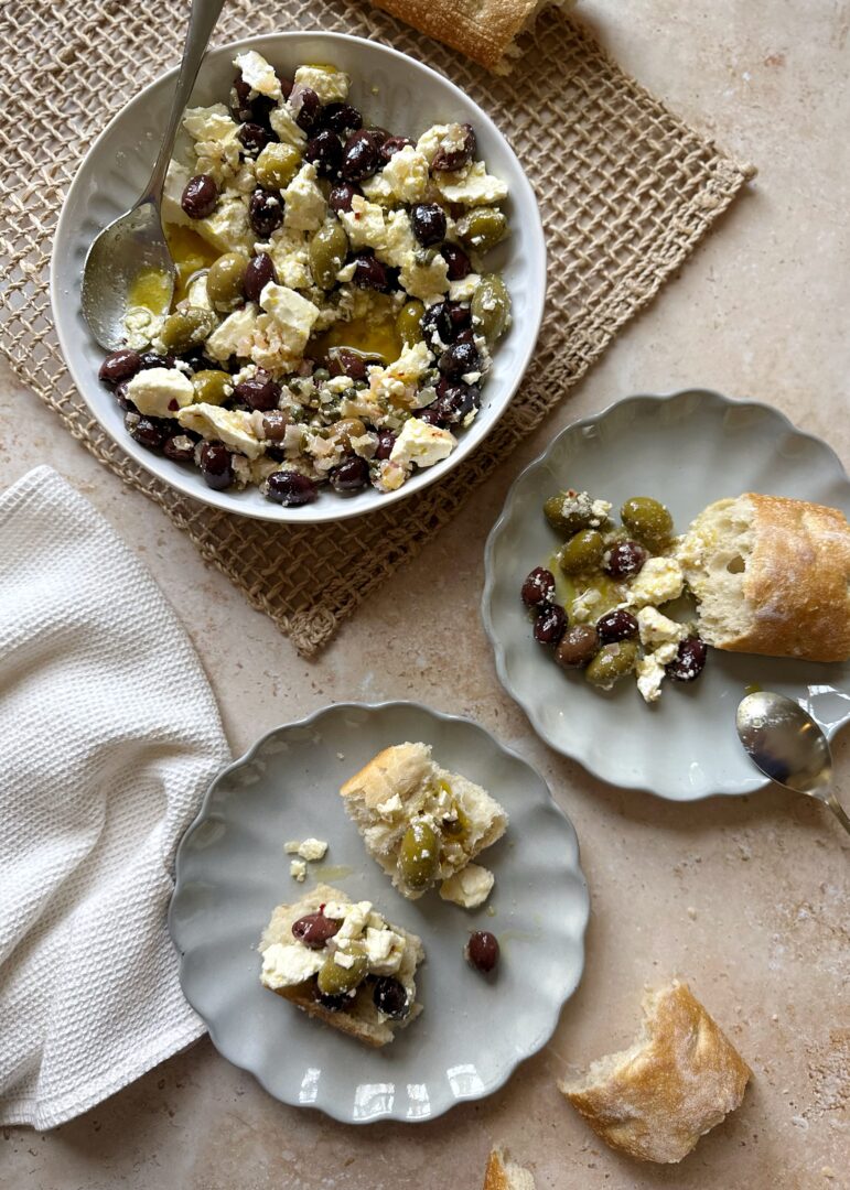 marinated olives and feta served with bread