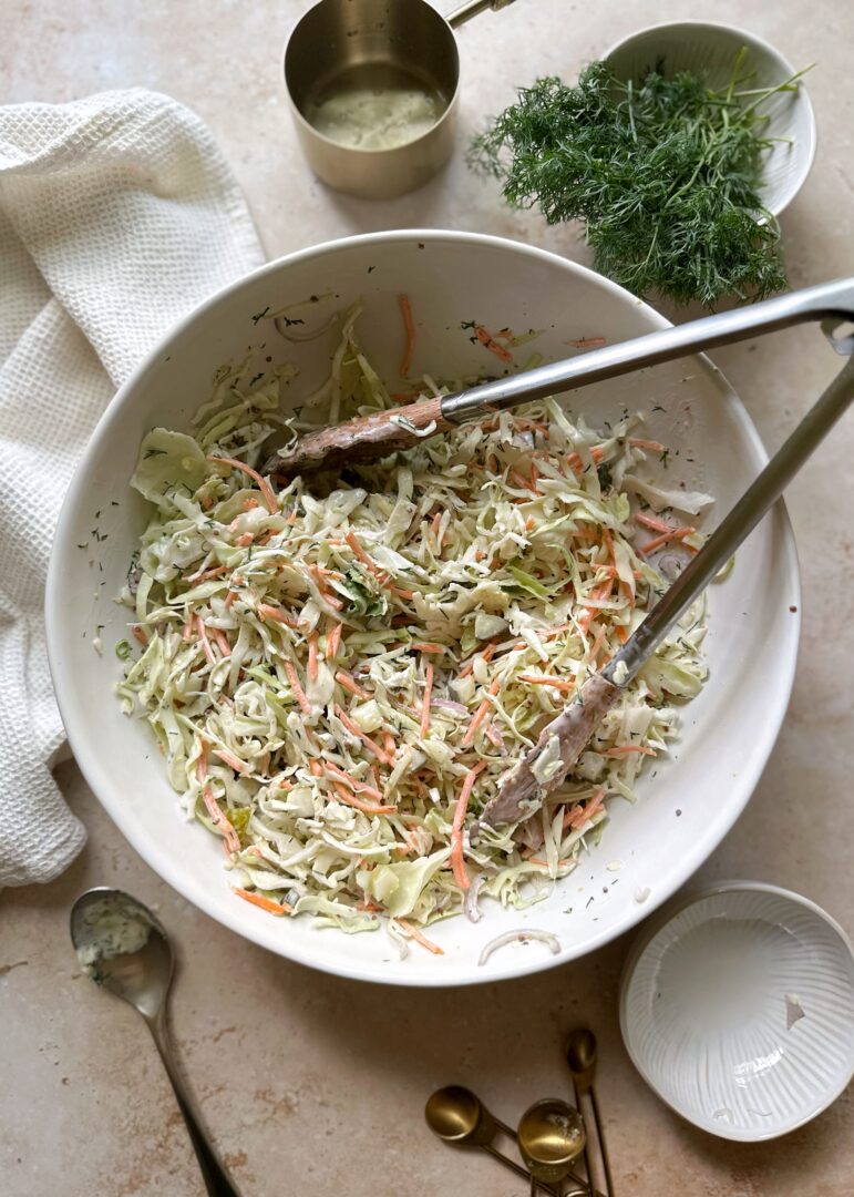 mixed bowl of dill pickle coleslaw