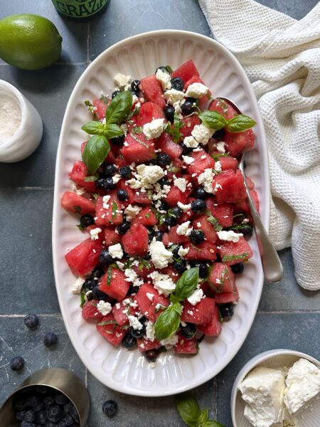 watermelon blueberry salad with feta and fresh herbs