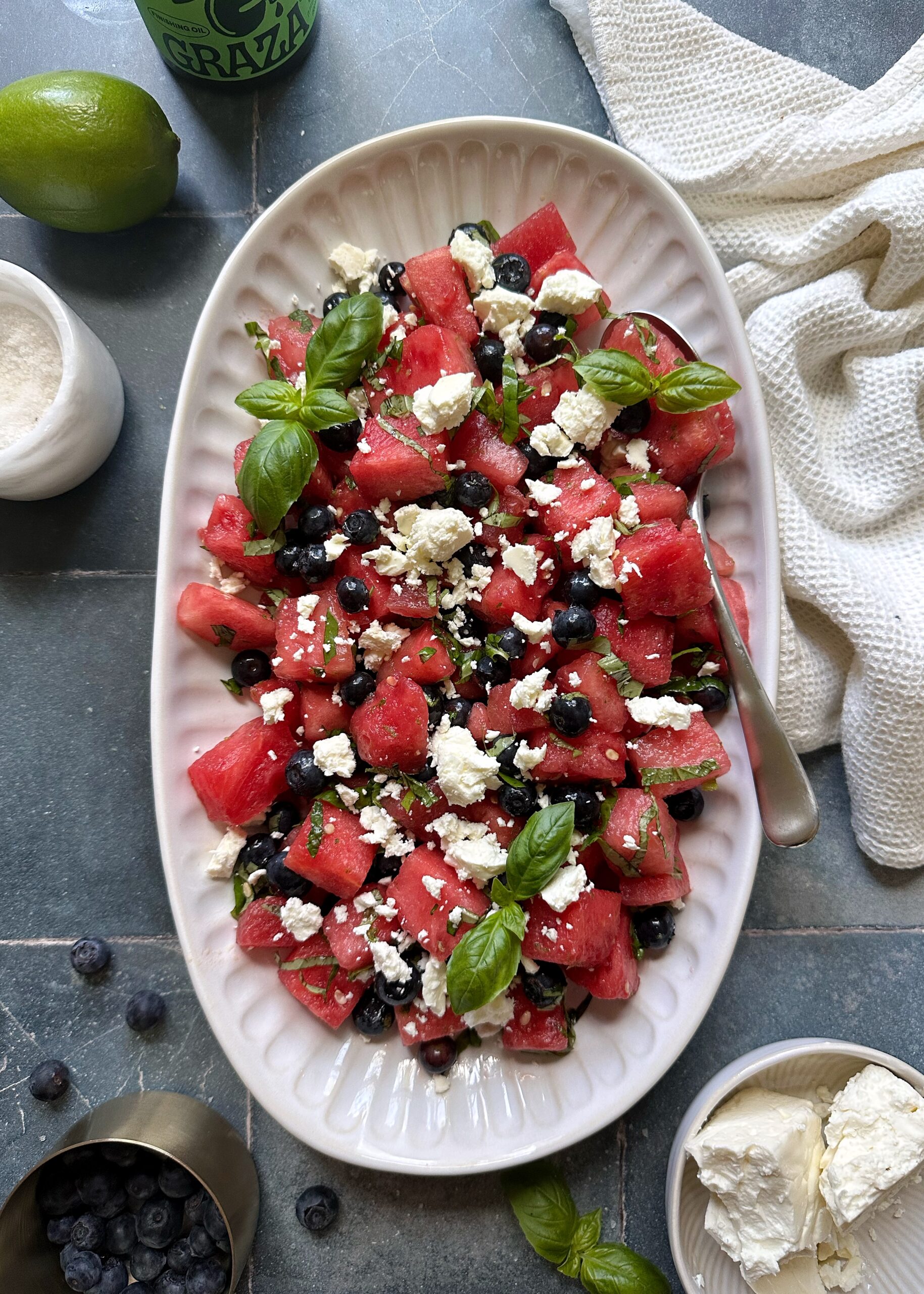 watermelon blueberry salad with feta and fresh herbs