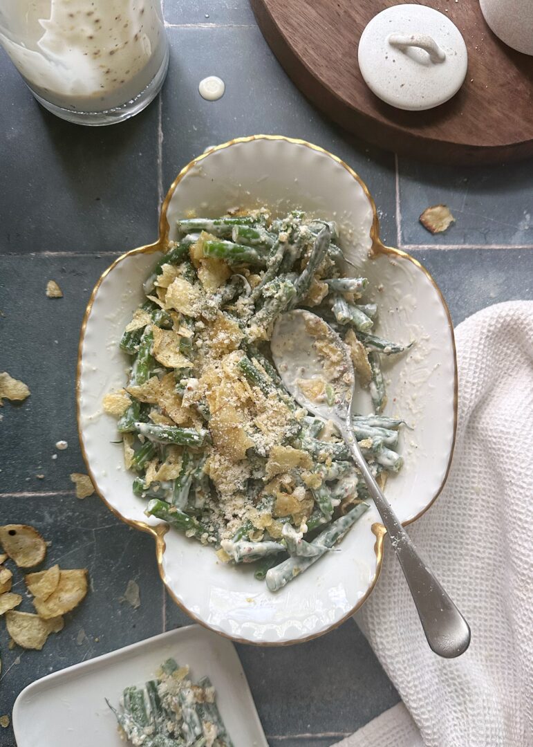 caesar green bean salad with crushed potato chips