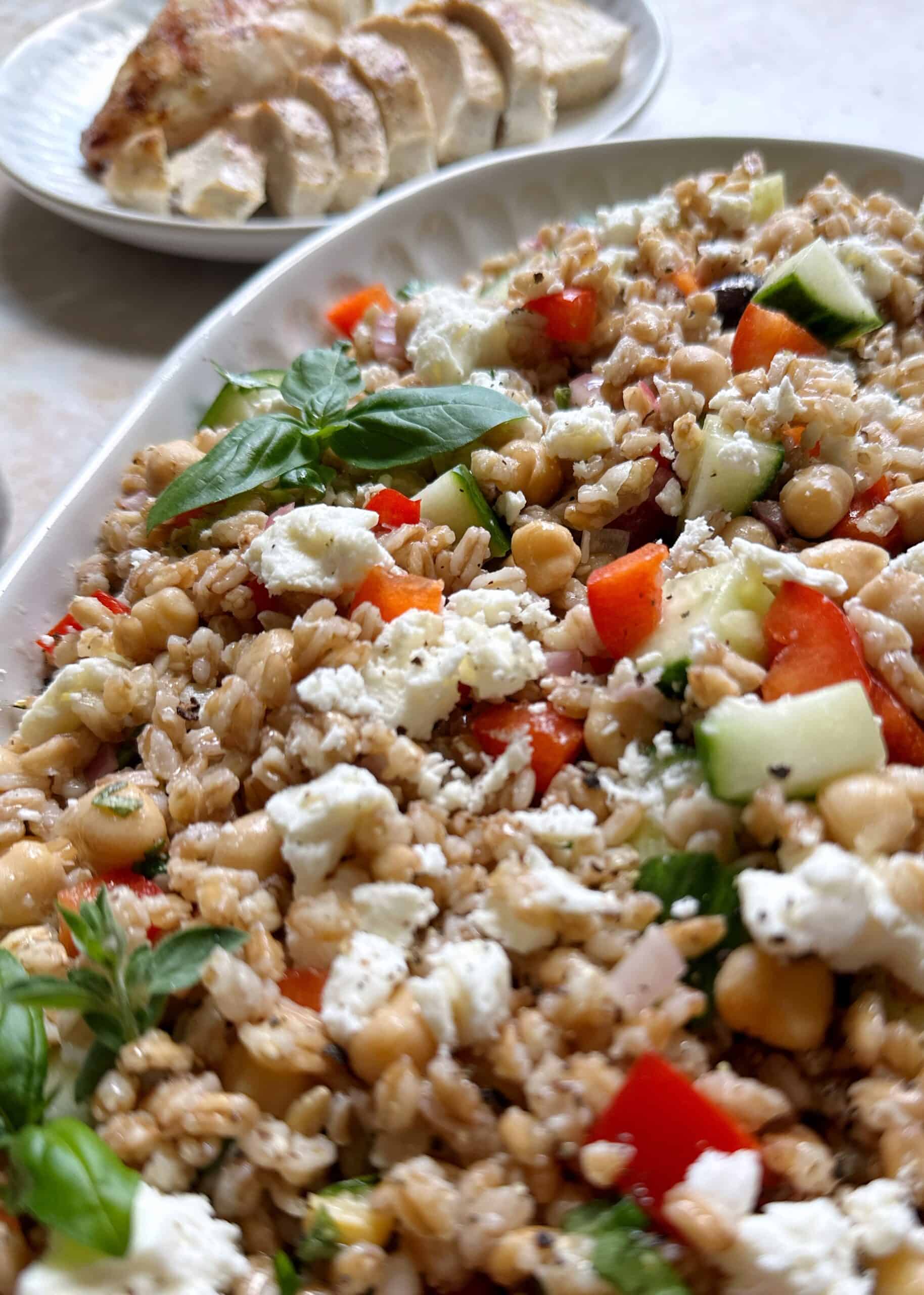 greek farro salad with crumbled feta
