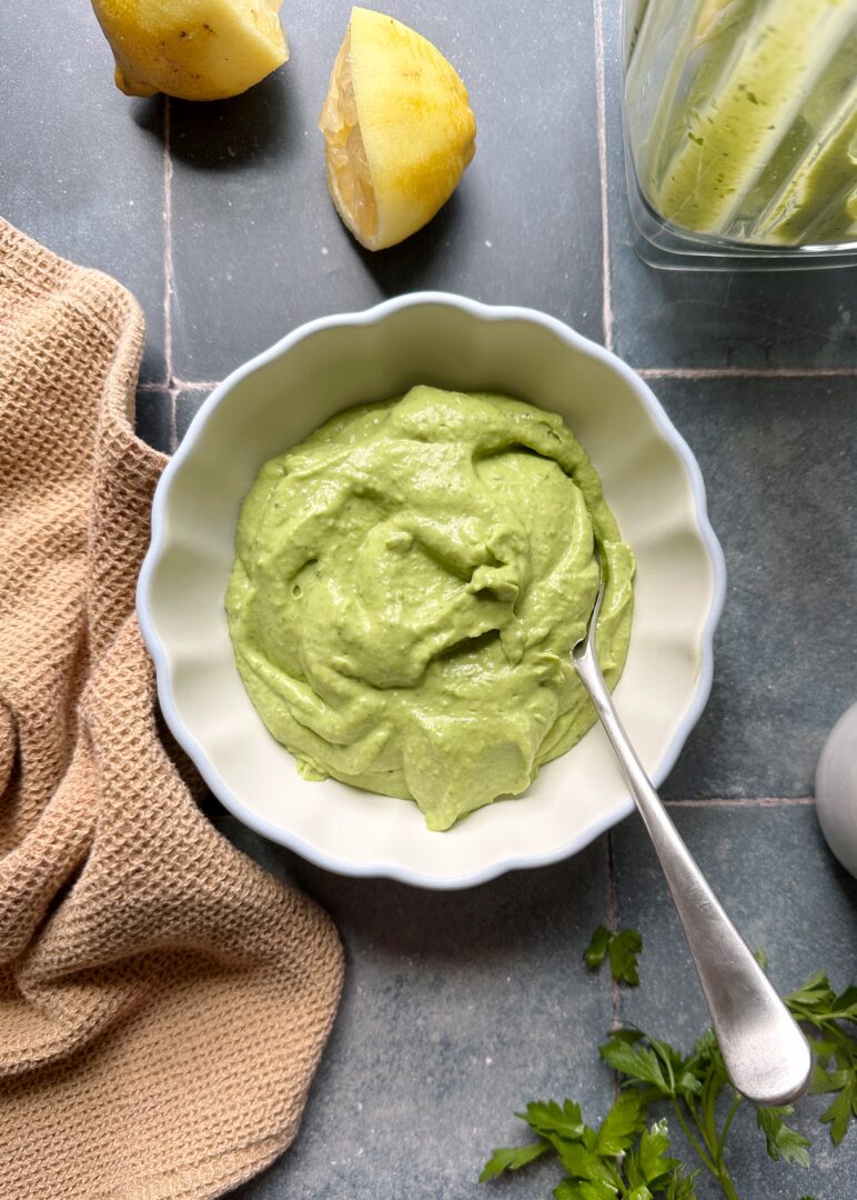 bowl of avocado green goddess dressing