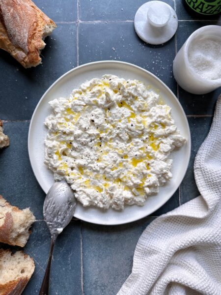 plate of homemade stracciatella cheese