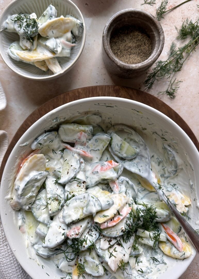 carrot and cucumber salad with greek yogurt dressing with serving on the side