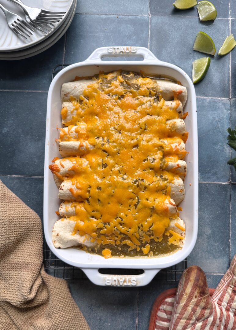 cheesy green chile chicken enchiladas after baing
