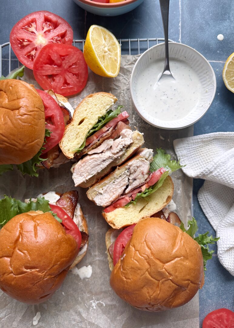 chicken ranch blt cut in half