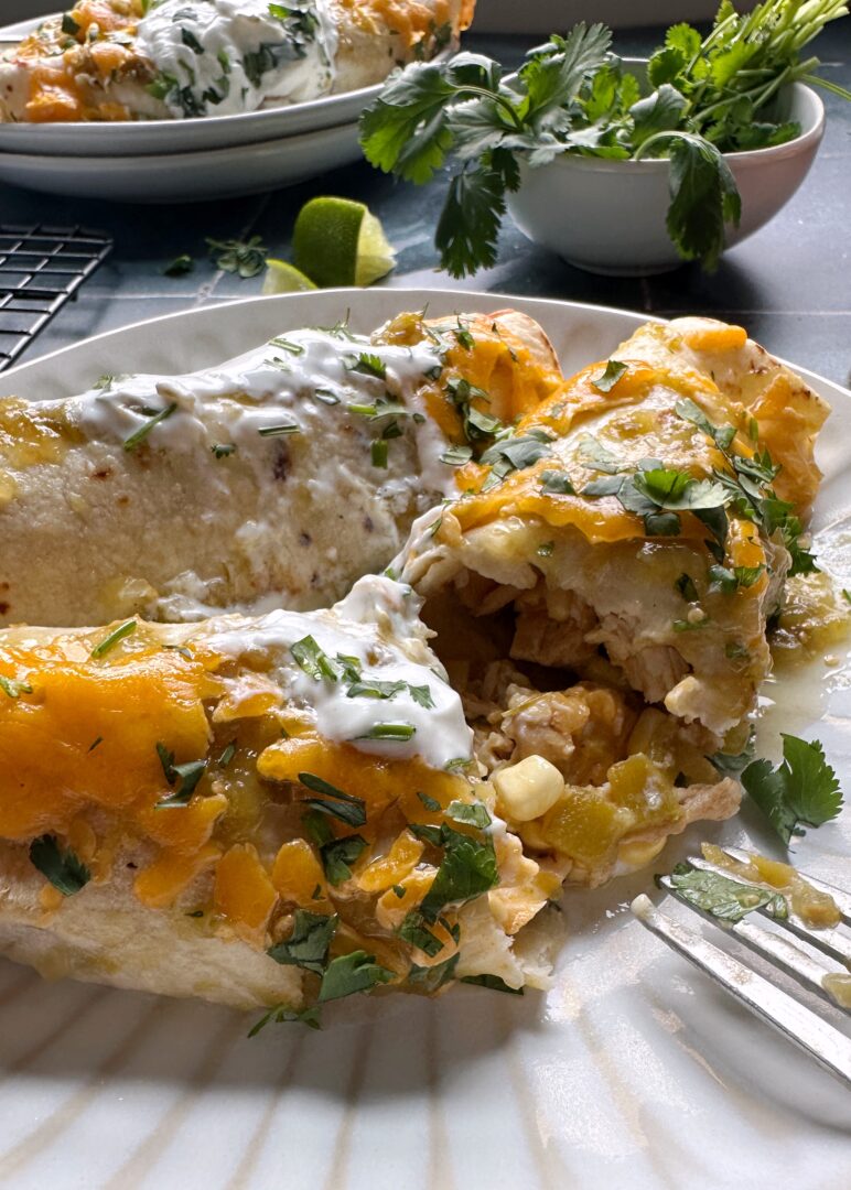 green chile chicken enchilad cut in half