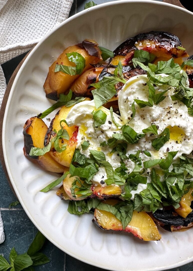 grilled peach and burrata salad with fresh basil