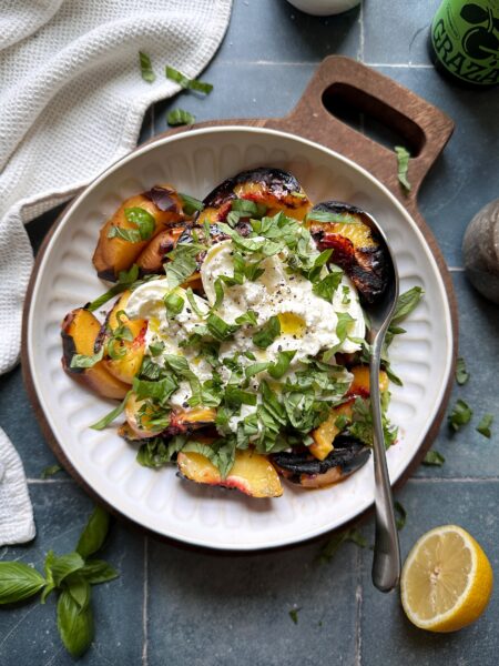 grilled peach burrata salad with fresh basil