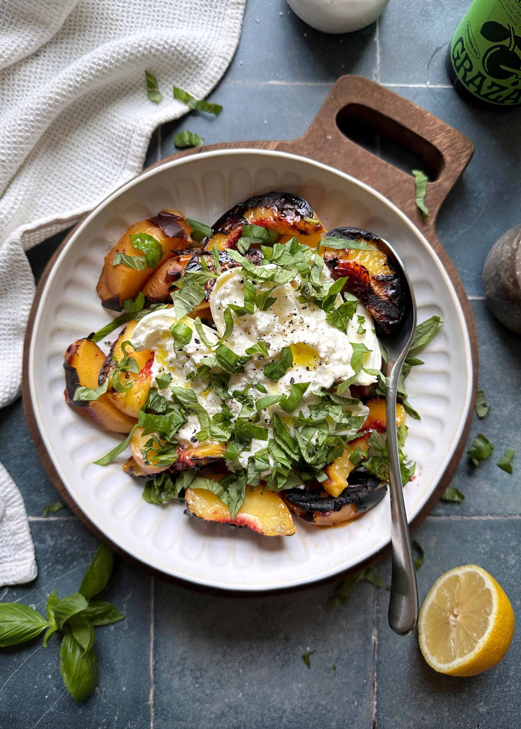 grilled peach burrata salad with fresh basil