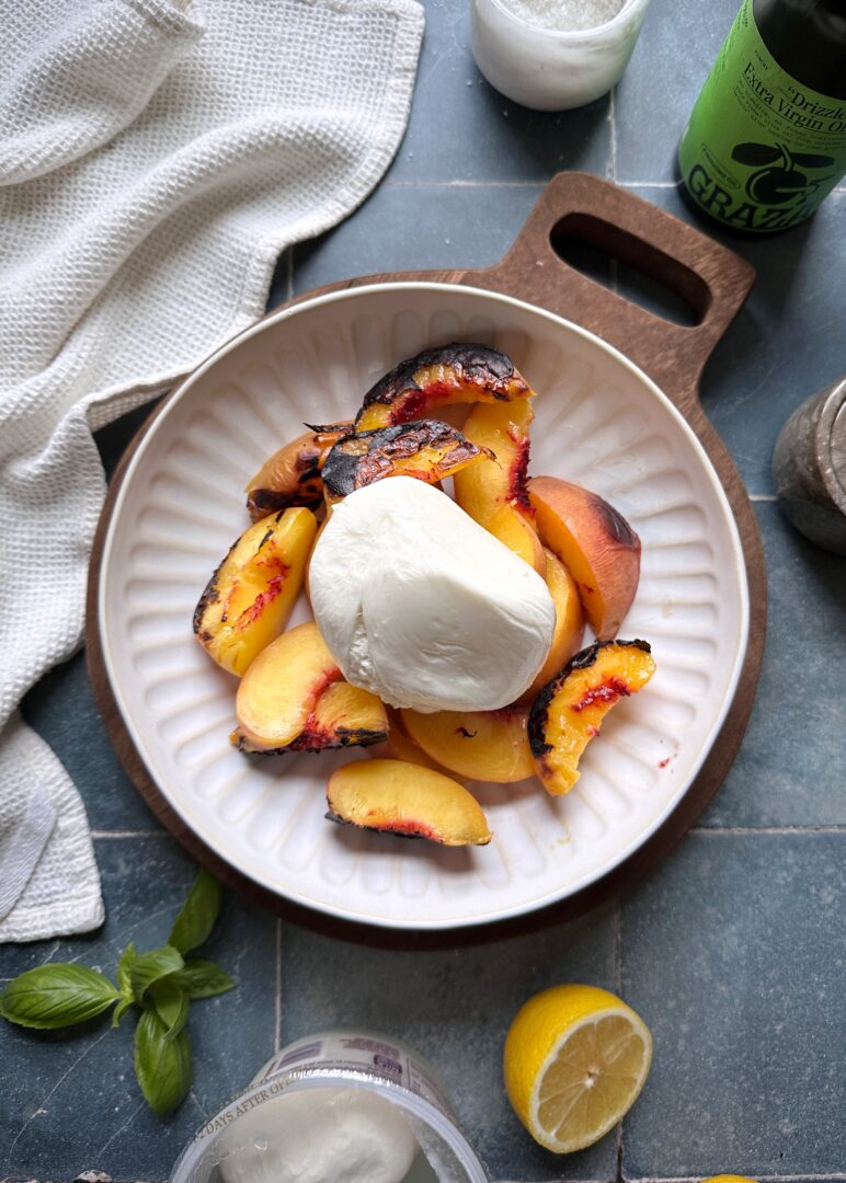 grilled peaches with ball of burrata