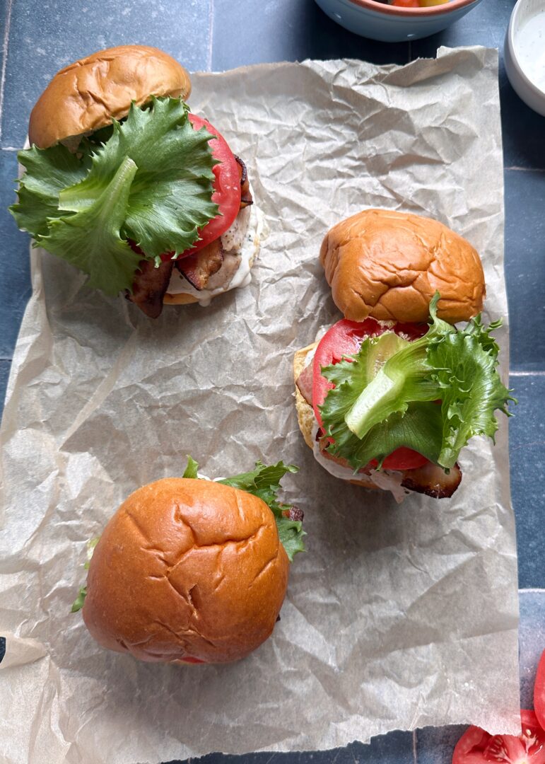 overhead shot of chicken ranch blt sandwiches
