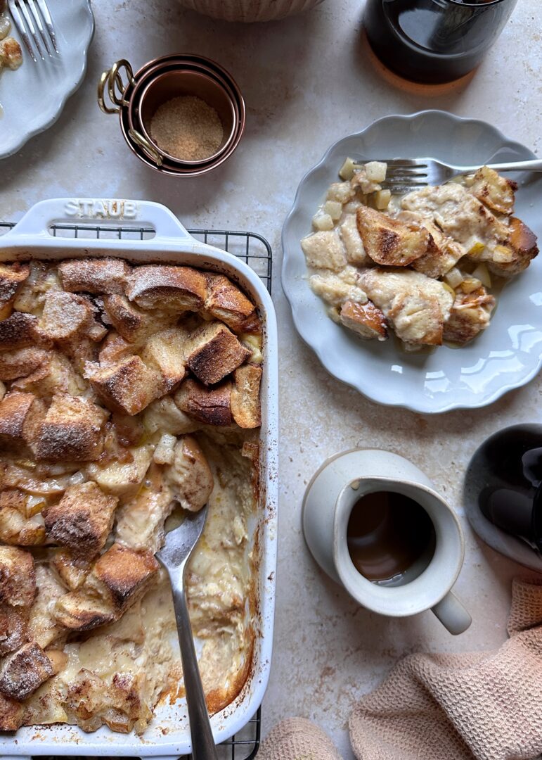 baked pear french toast casserole with serving on the side