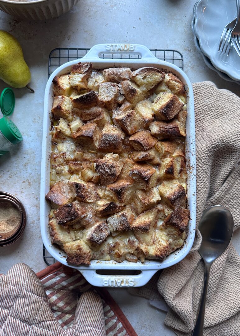 baked pear french toast in casserole dish