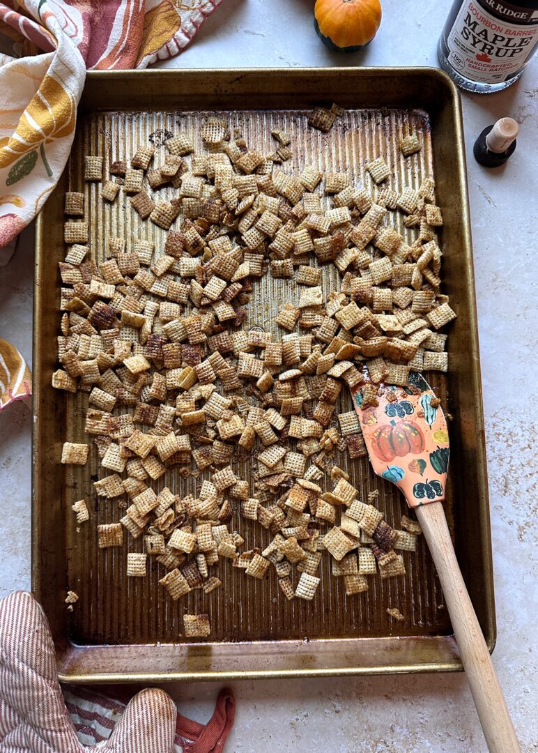baking sheet with toasted chili maple chex cereal