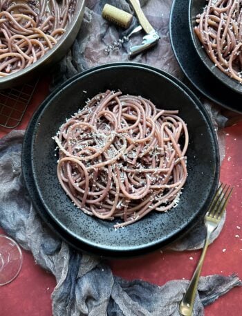 black bowl of dracula's drunken pasta