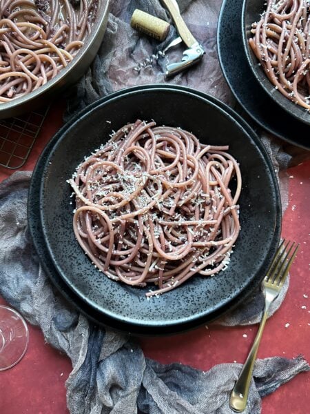 black bowl of dracula's drunken pasta