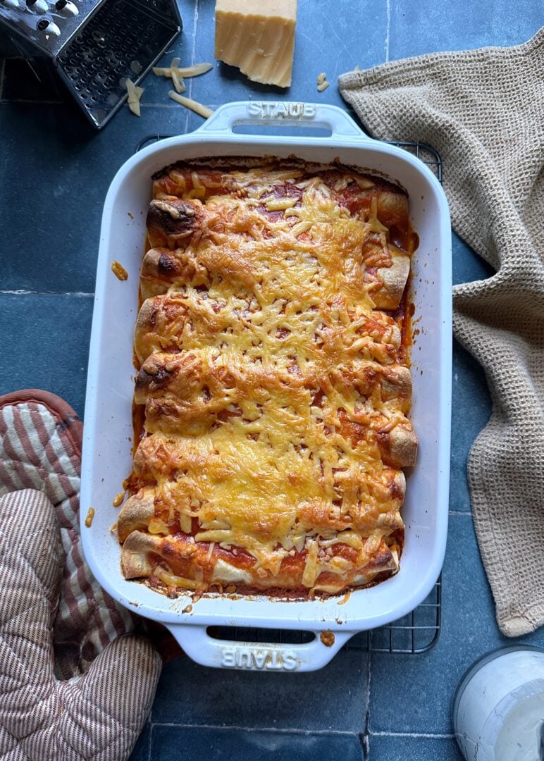 buffalo chicken enchiladas out of the oven