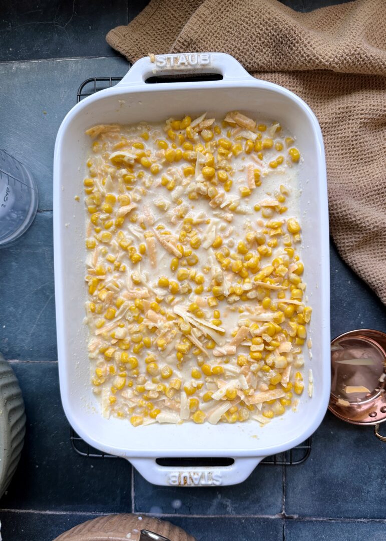 cheesy corn casserole in dish before baking