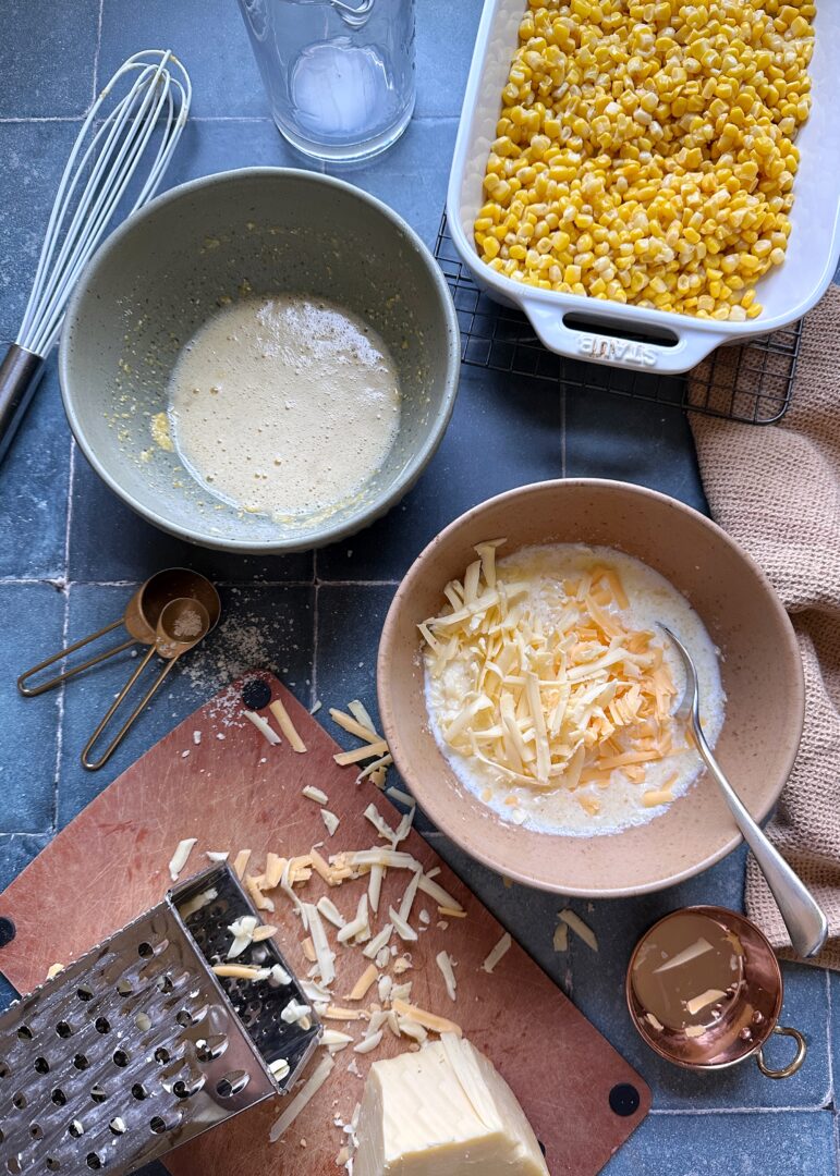 cheesy corn casserole ingredients mixed together