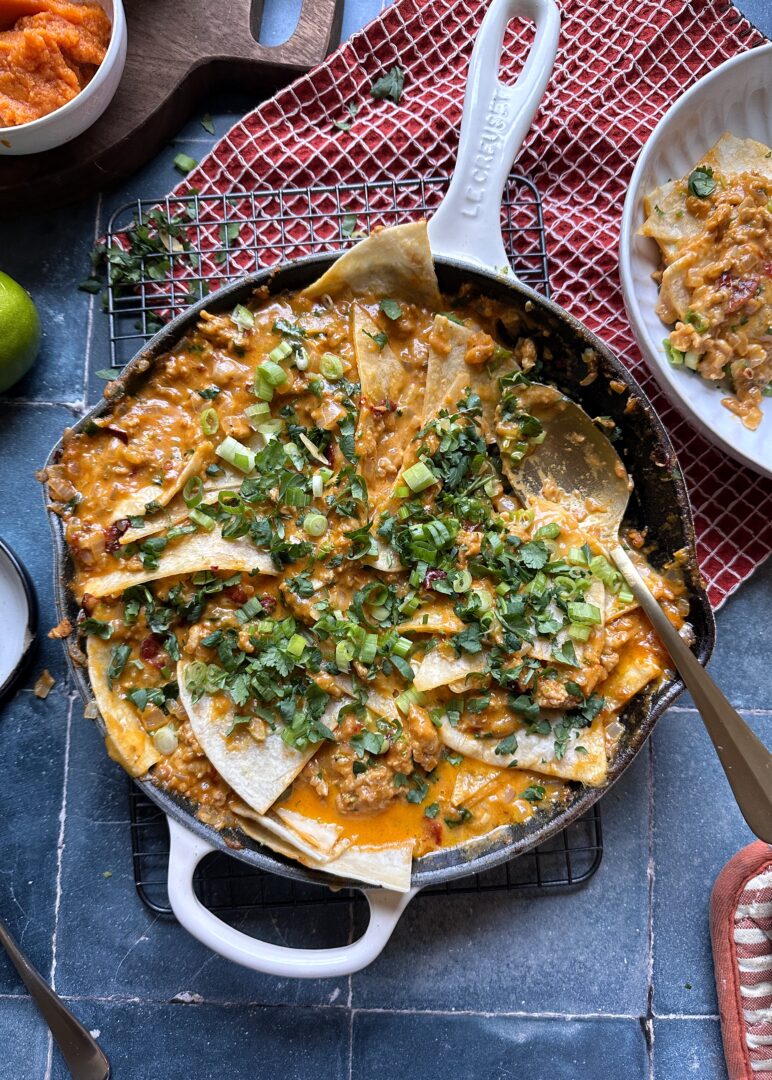 chipotle pumpkin chicken enchiladas skillet