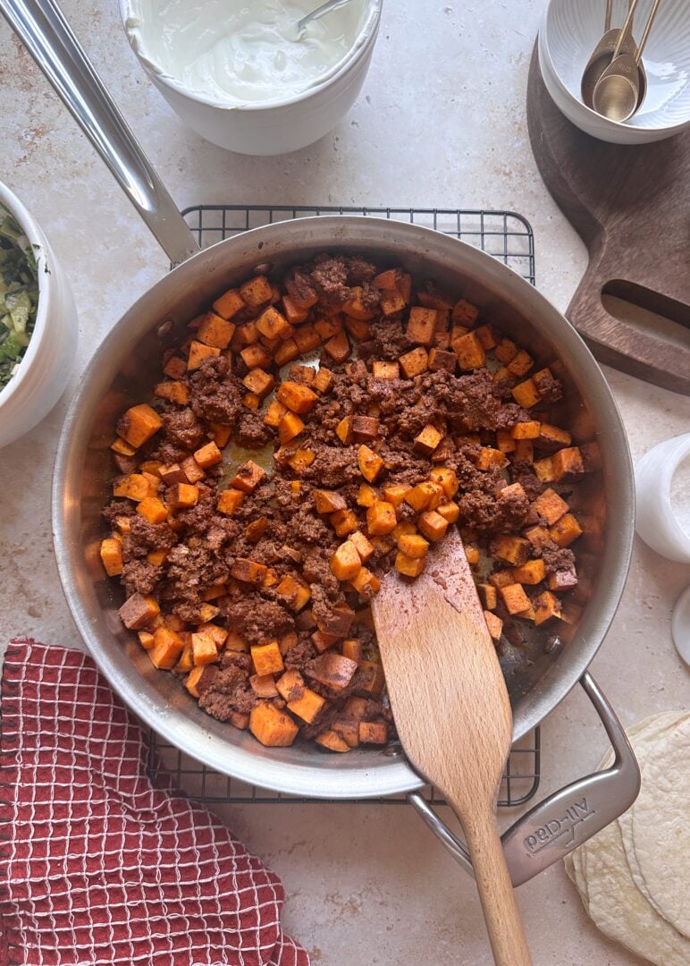 chorizo sweet potato taco fillingi in a skillet