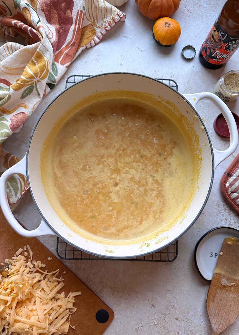 pumpkin beer cheddar cheese in dutch oven