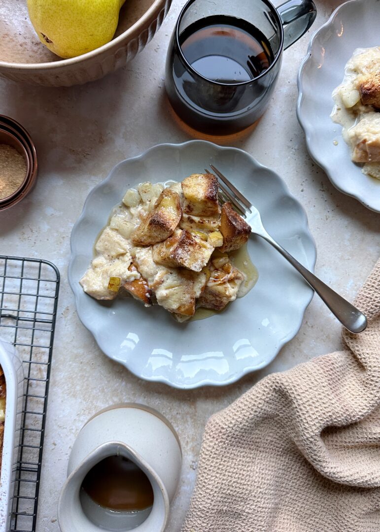 serving of baked pear french toast casserole on a plate
