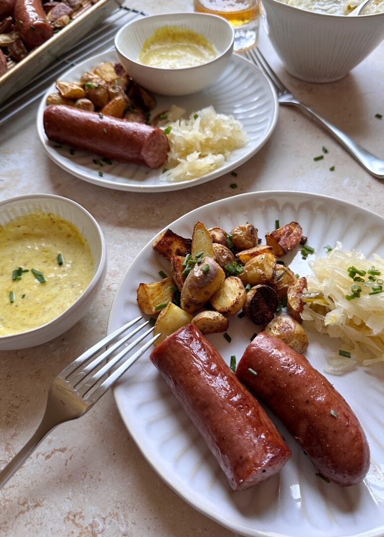 sheet pan kielbasa and potatoes with sauerkraut and honey mustard