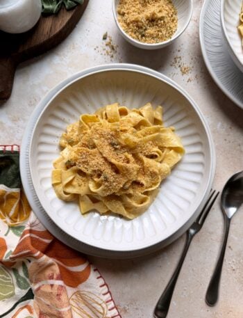 plate of brown butter pumpkin alfredo with sage breadcrumbs