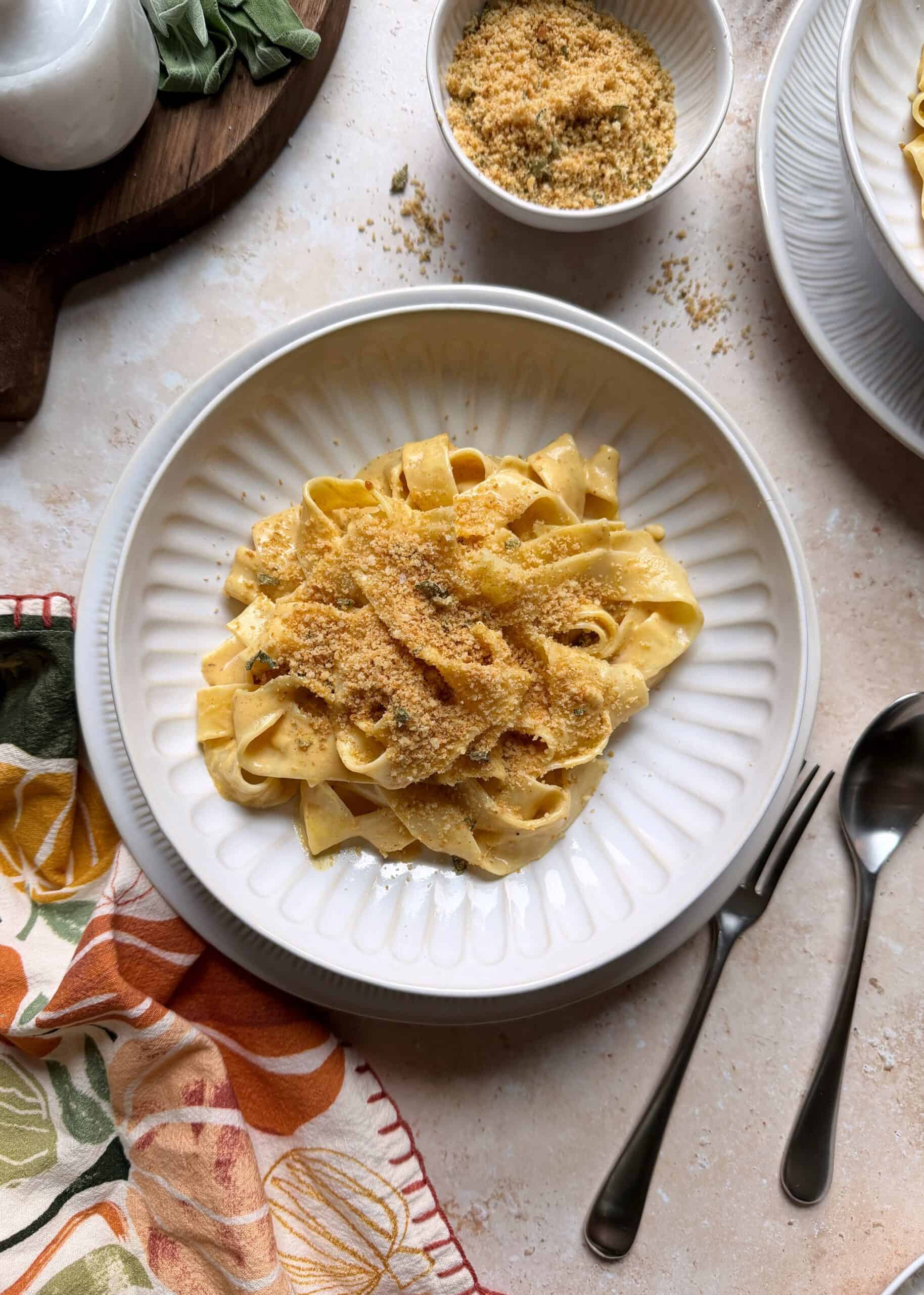 plate of brown butter pumpkin alfredo with sage breadcrumbs