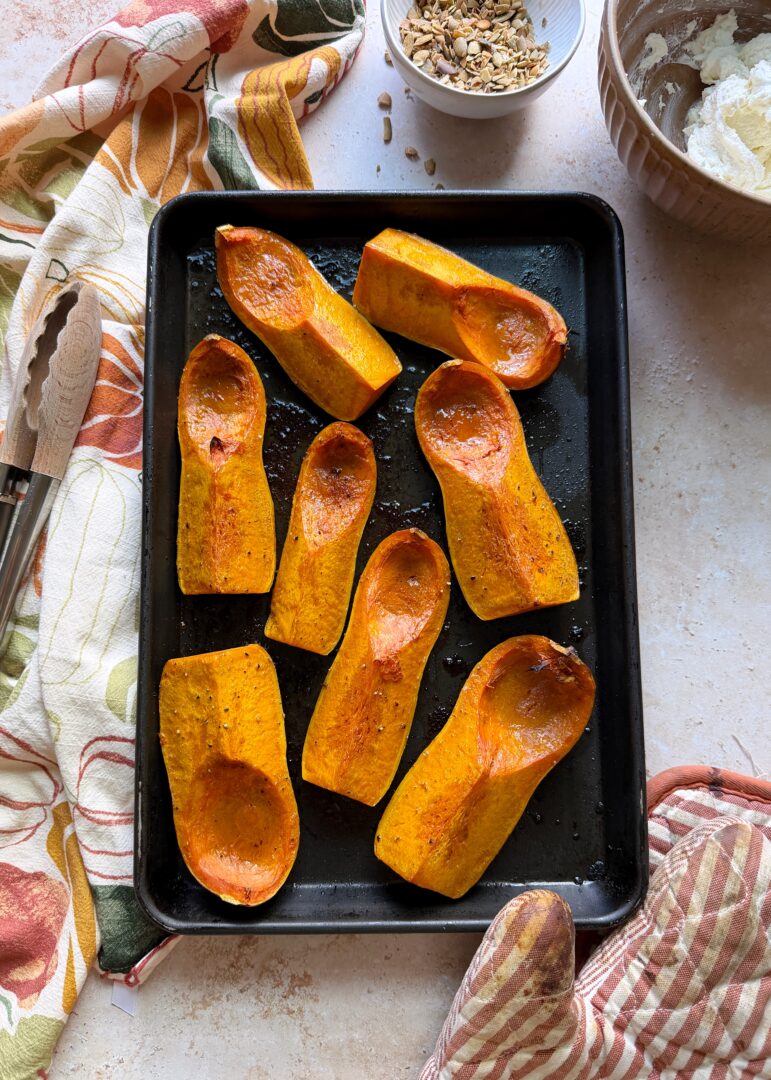 sheet pan with roasted honeynut squash