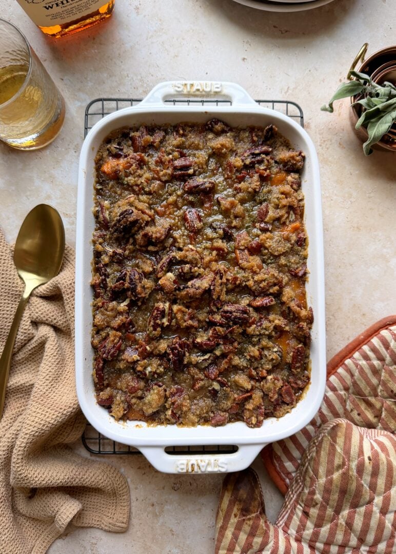 sweet potato casserole with bourbon and brown sugar pecan bacon topping