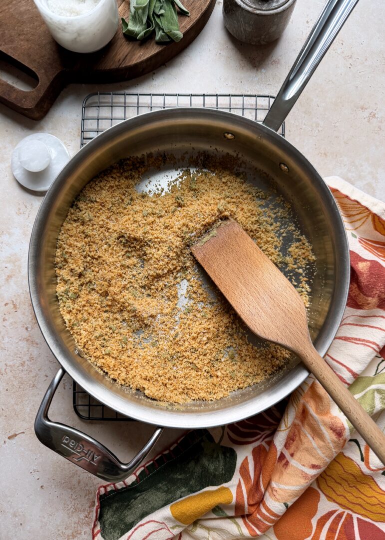 toasted sage bread crumbs in frying pan