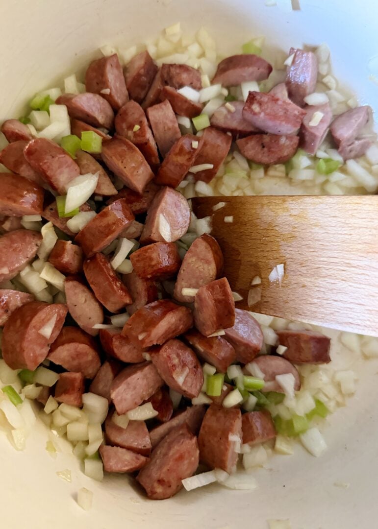 browned kielbasa with sauteed onions and celery