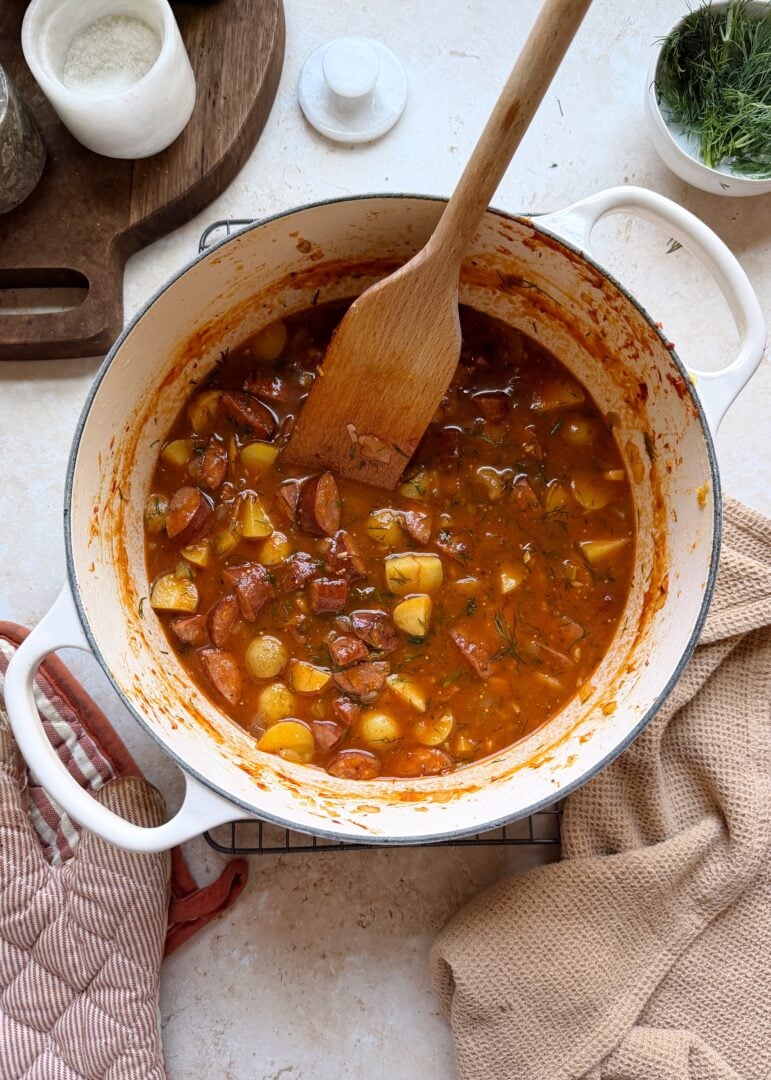 dutch oven of kielbasa potato soup