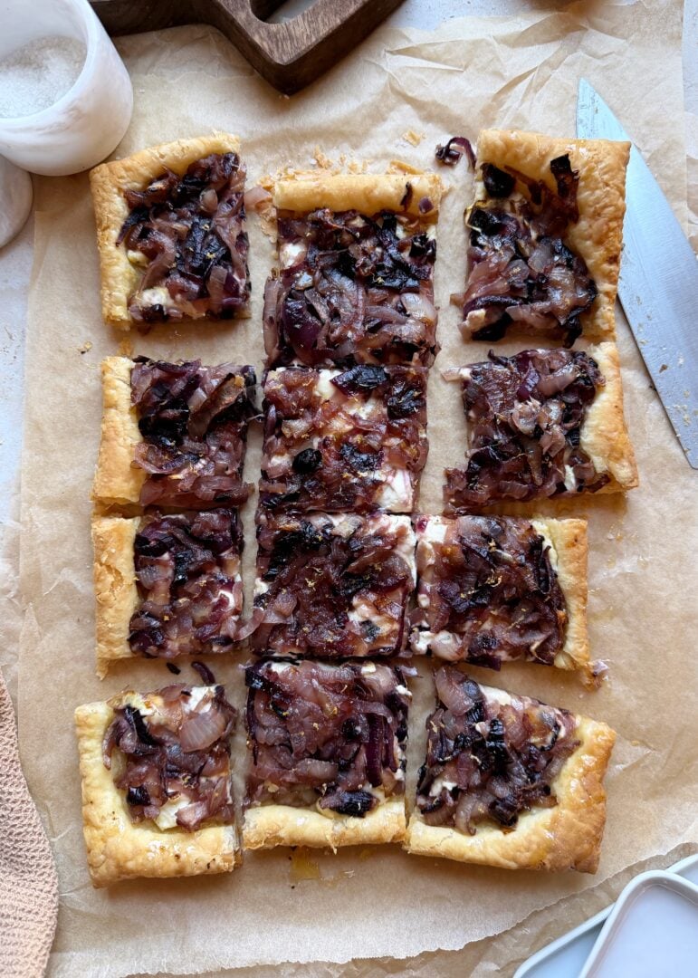 caramelized onion and boursin sliced into portions