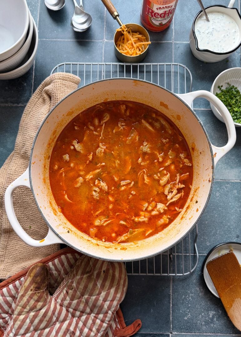 dutch oven of buffalo chicken white chili