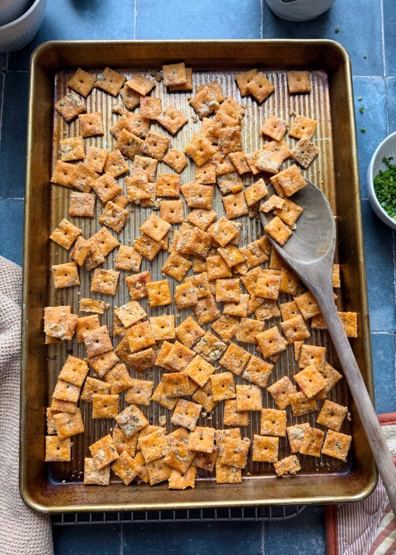 ranch cheezit croutons on a baking sheet
