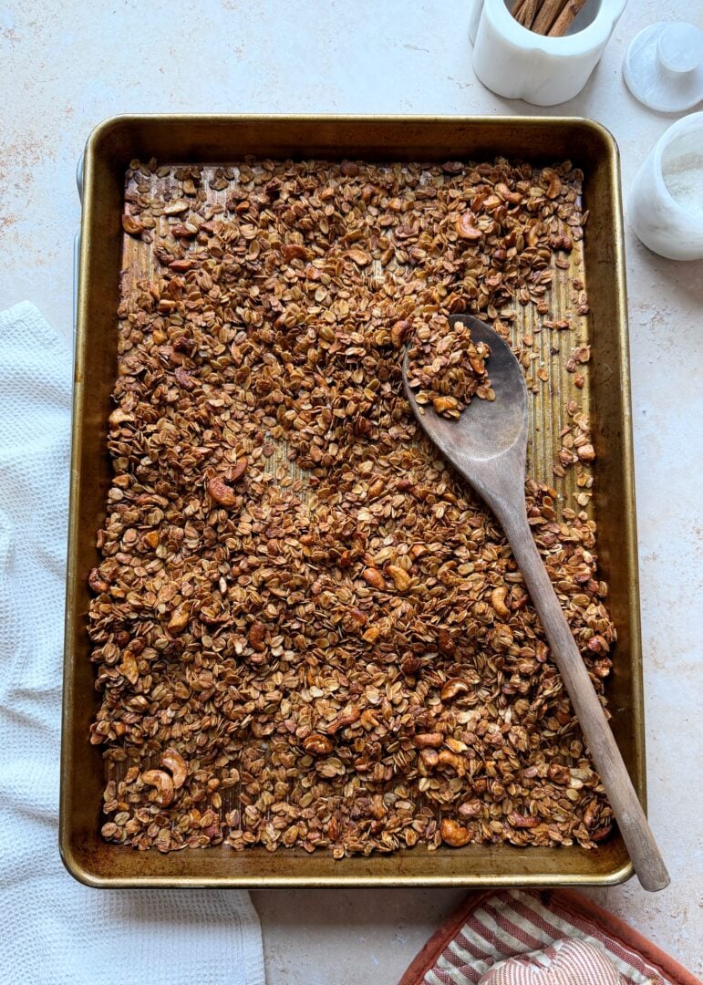 toasted cinnamon granola recipe on a sheet pan