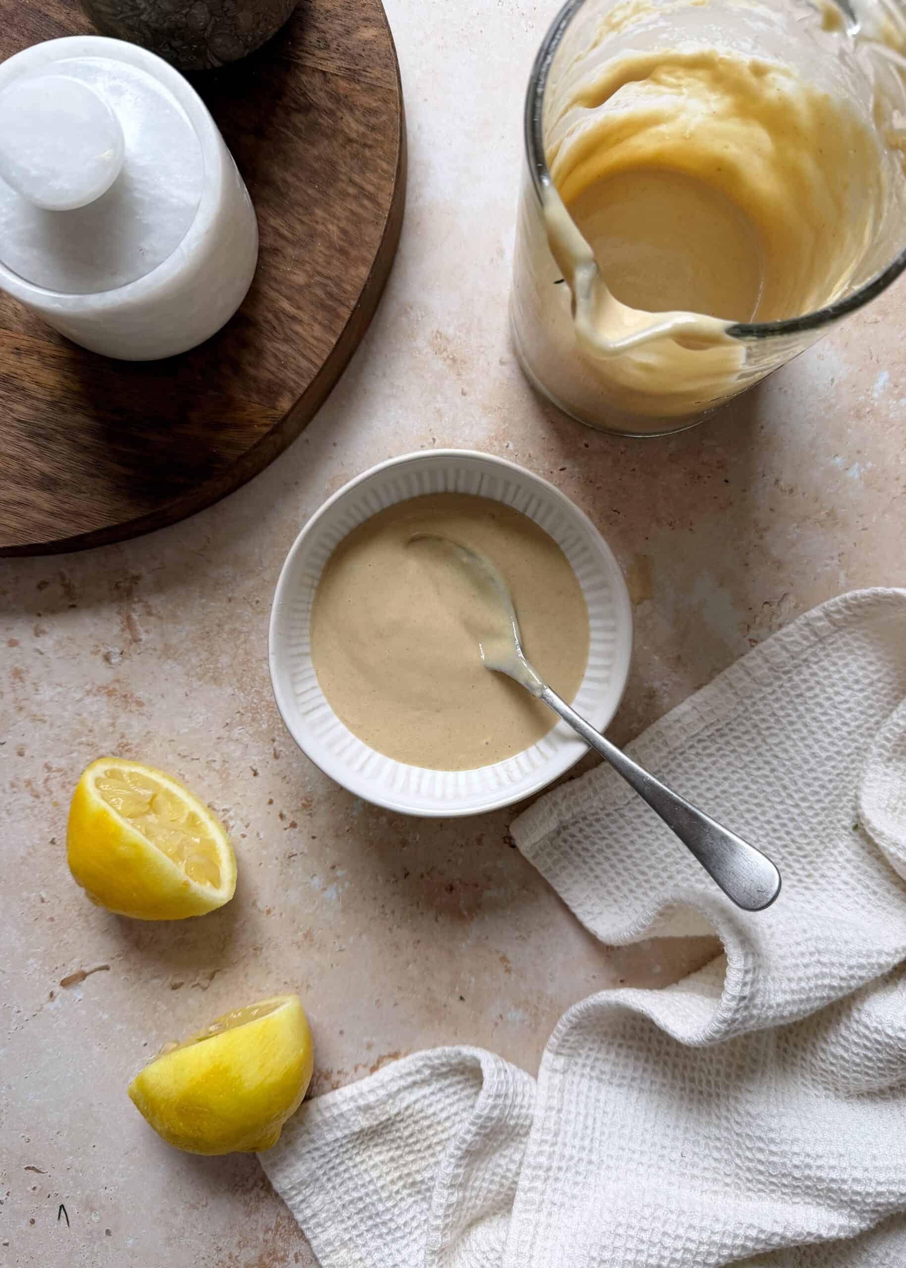 bowl of lemony honey tahini sauce