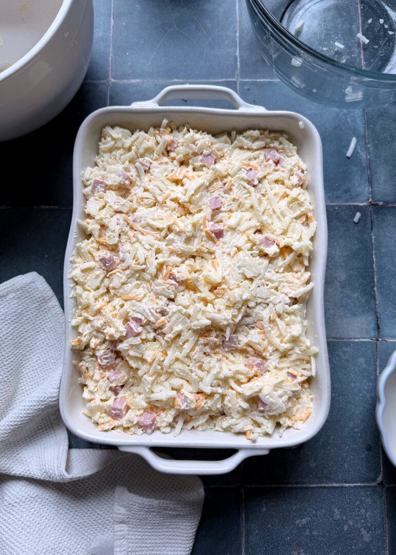 ham and cheese hash brown casserole before baking