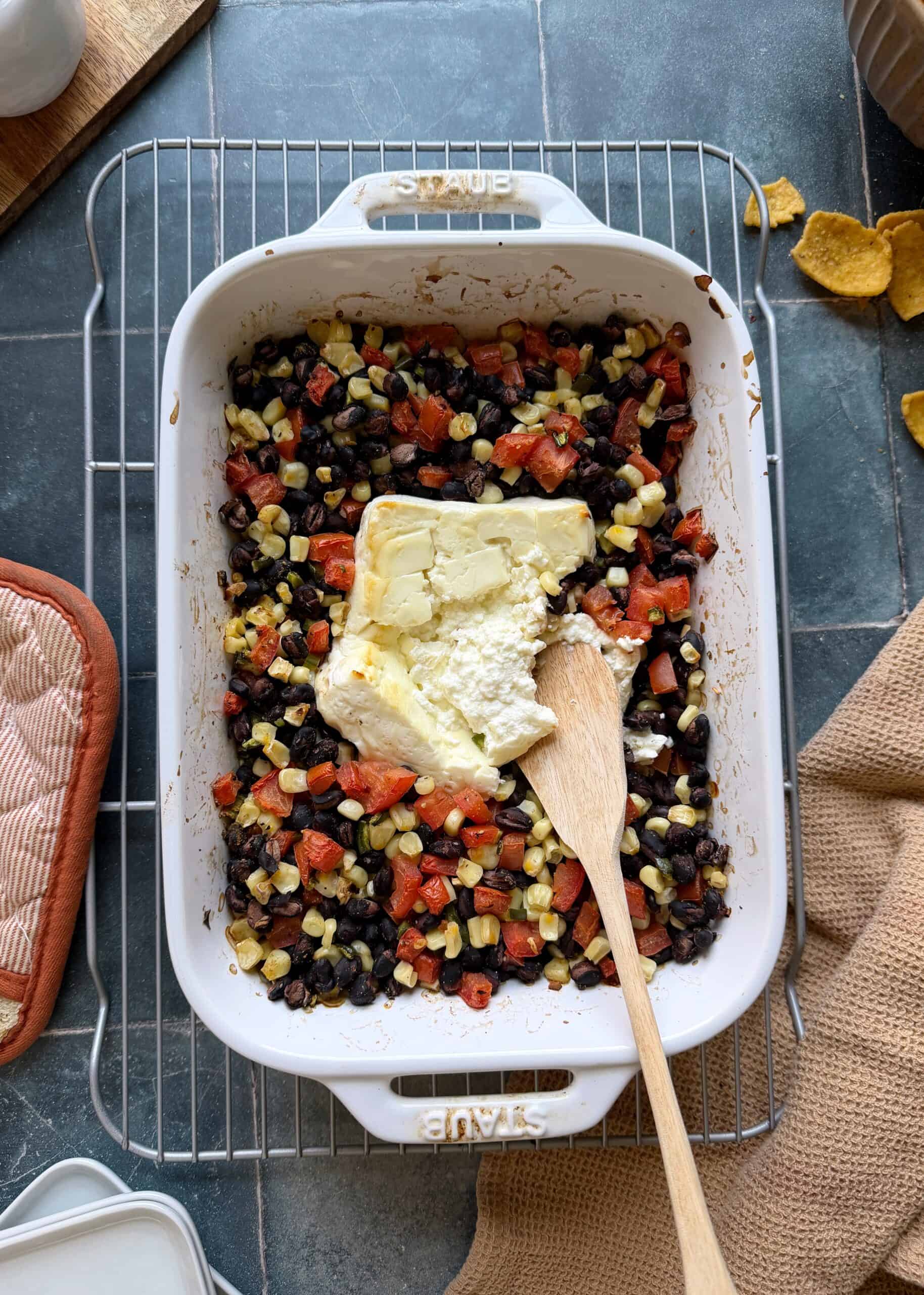 baked black bean dip with corn tomato and feta