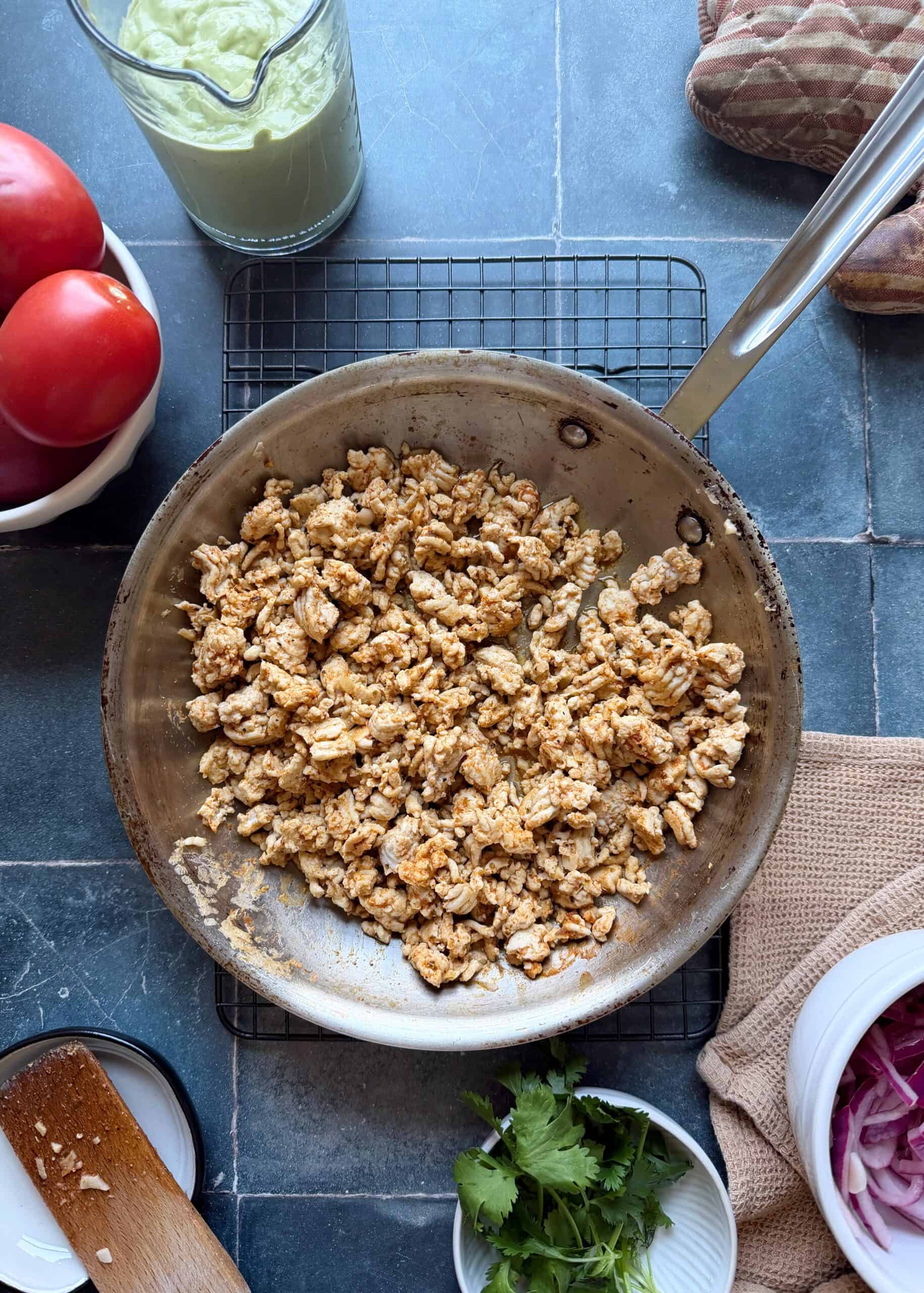 browned turkey taco meat in a stainless steel skillet