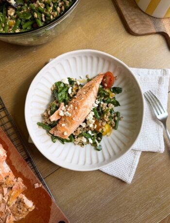serving of roasted salmon with green bean farro salad